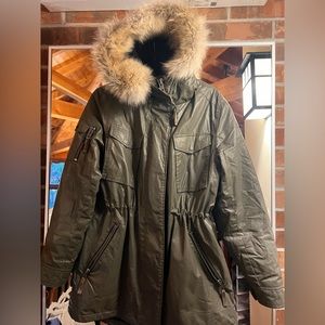 SAM. Fur Hood Waxed Green Parka Coat - Women | Color: Green